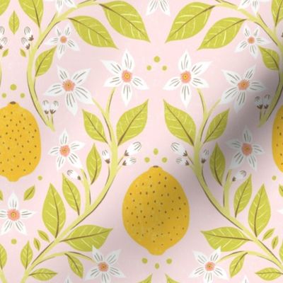 Fresh Yellow Lemons with Green Leaves on Pink Background