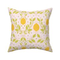 Fresh Yellow Lemons with Green Leaves on Pink Background