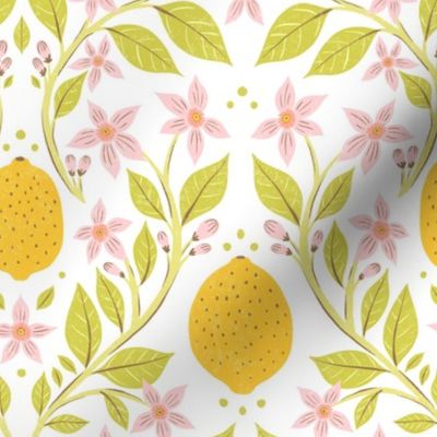 Fresh Yellow Lemons and Pink Flowers with Green Leaves on White Background