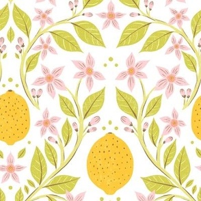 Fresh Yellow Lemons and Pink Flowers with Green Leaves on White Background