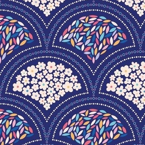 Cute Daisy Flowers and Simple colorful Leaves Scallops onDark Navy Blue. Suited for apparel, home decor and wallpapers.