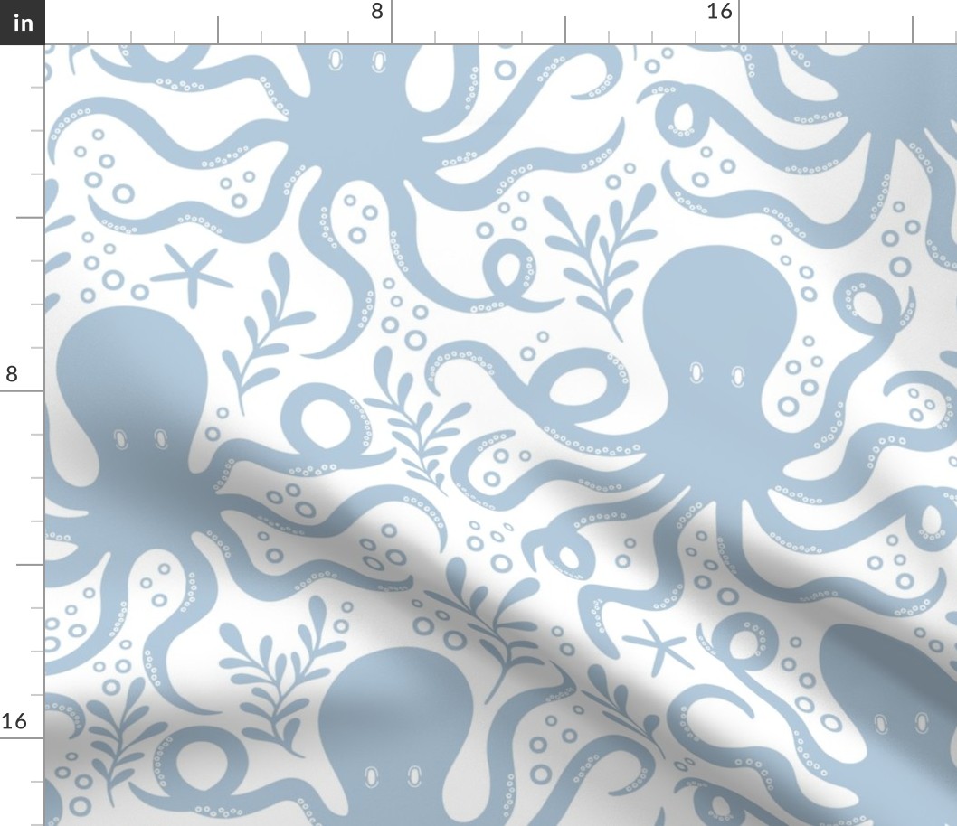 Octopus, Bubbles, Seaweed Waves, Blue on White / Medium