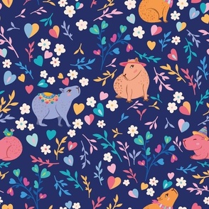 Cute Playful Colorful Capybaras with Flowers and Branches on Dark Blue