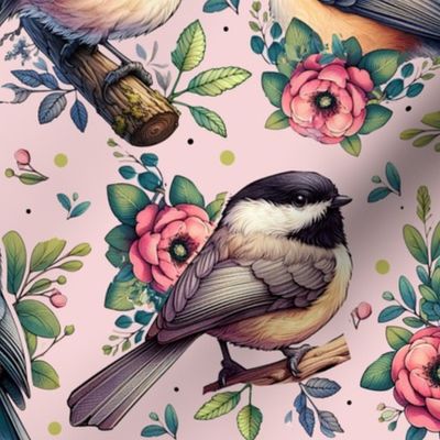 Chickadees With Pink Posies
