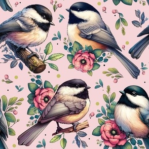 Chickadees With Pink Posies