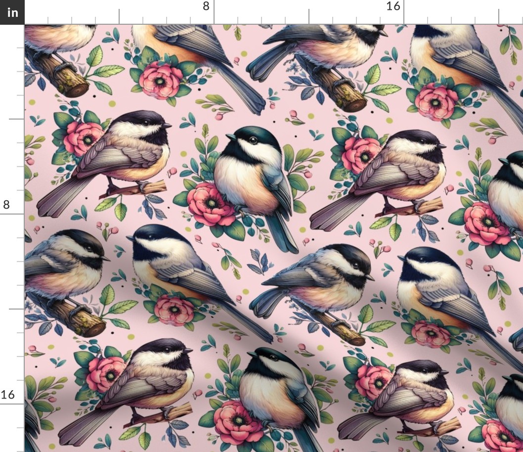 Chickadees With Pink Posies