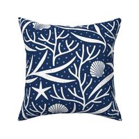 Underwater Sealife – Starfish, Seashells, Coral and Seaweed in Navy Blue and White – Large Scale