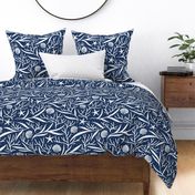 Underwater Sealife – Starfish, Seashells, Coral and Seaweed in Navy Blue and White – Large Scale
