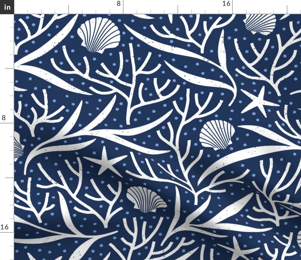 Underwater Sealife – Starfish, Seashells, Coral and Seaweed in Navy Blue and White – Large Scale