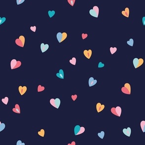 Cute Playful Colorful Hearts on Very Dark Navy Blue (m)