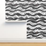 Abstract waves in black and white with some broken red dots - large scale