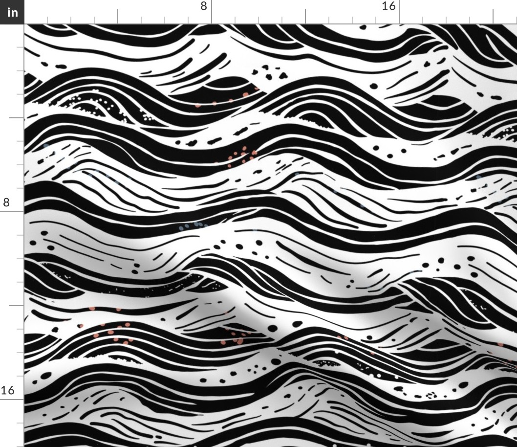 Abstract waves in black and white with some broken red dots - medium scale