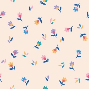 Cute Simple Flowers with Leaves on Beige Creamy - pink blue yellow (m)