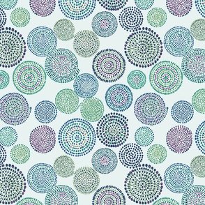 (Small) Boho Circles and Spirals Made of Brush Tips, Blue, Green and Fuchsia 