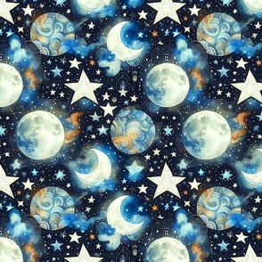 Blue Space Moons And Stars