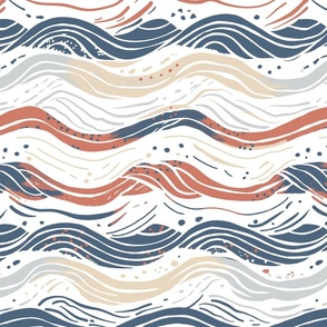 Abstract waves in a broken navy blue, red and off-whites - medium scale