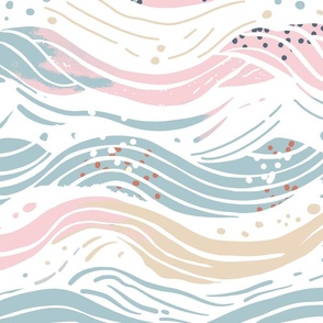 Abstract waves in pastel blue, pink, neutral and white with some dots - large scale