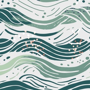 Abstract waves in shades of green on off-white with some dots - large scale