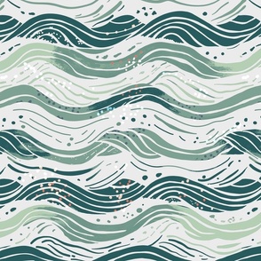 Abstract waves in shades of green on off-white with some dots - medium scale