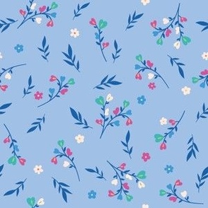 Cute Branches with Hearts and Flowers on Light Blue
