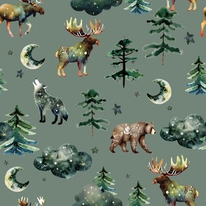 juniper enchanted forestwood: bears, wolves, moose, moons, trees, clouds, stars, alaska, canada