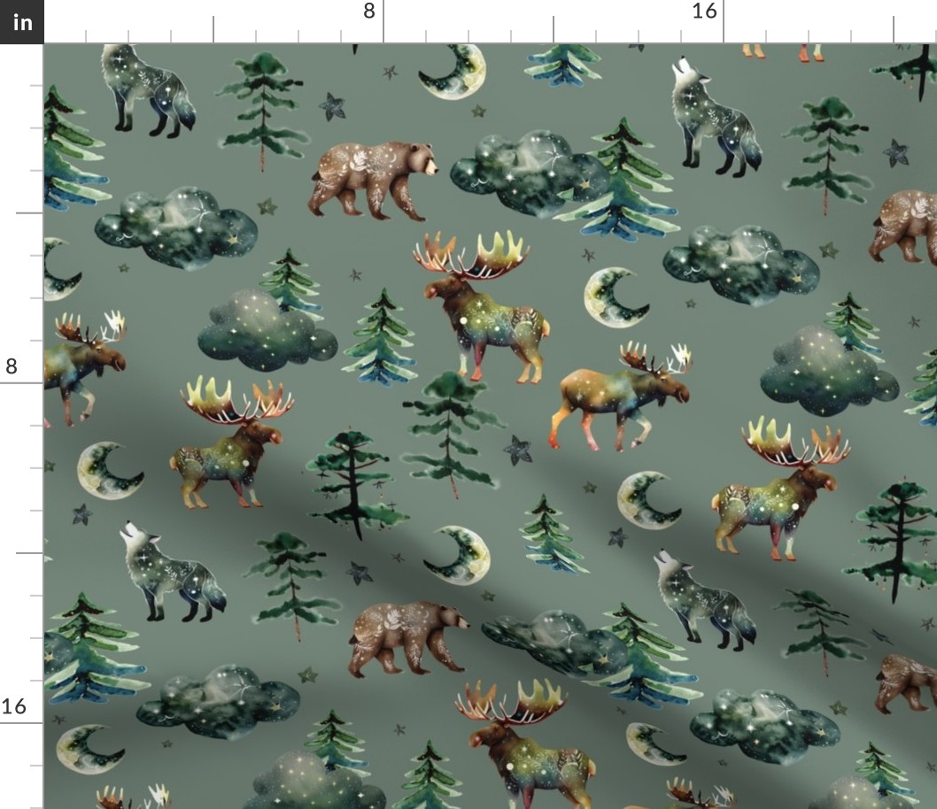 juniper enchanted forestwood: bears, wolves, moose, moons, trees, clouds, stars, alaska, canada