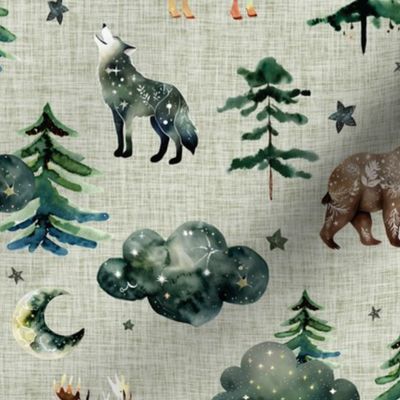 aloe wash linen enchanted forestwood: bears, wolves, moose, moons, trees, clouds, stars, alaska, canada