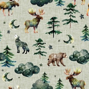 aloe wash linen enchanted forestwood: bears, wolves, moose, moons, trees, clouds, stars, alaska, canada