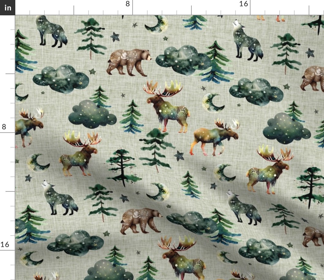 aloe wash linen enchanted forestwood: bears, wolves, moose, moons, trees, clouds, stars, alaska, canada