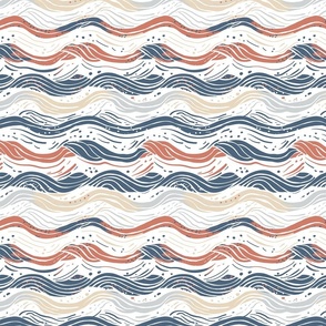 Abstract waves in a broken navy blue, red and off-whites - small scale