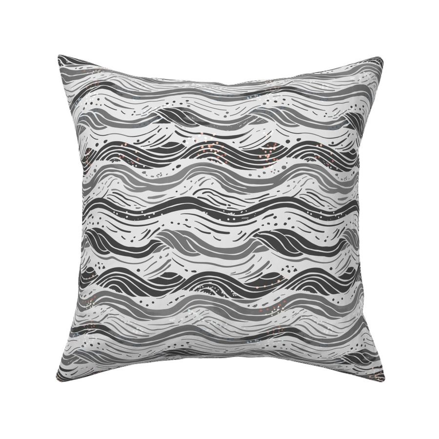 Abstract waves in shades of grey on off-white and some dots - small scale