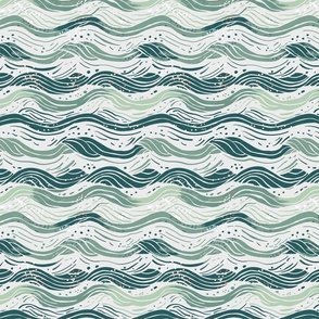 Abstract waves in shades of green on off-white with some dots - small scale