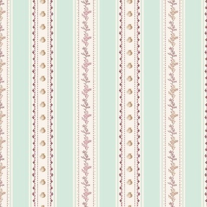 pink algae seaweed and shell, with pale aquamarine stripes on creamy background