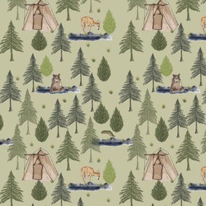 Bear eating a fish and camping on a light olive background
