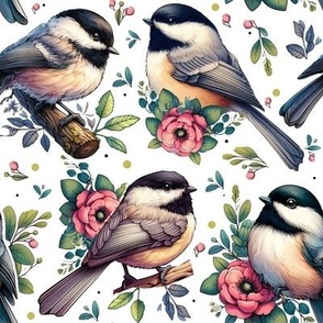 Chickadees With Pink Flowers Small Print