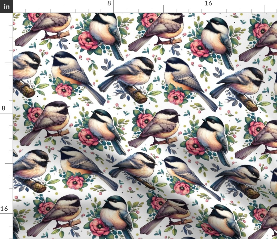 Chickadees With Pink Flowers Small Print