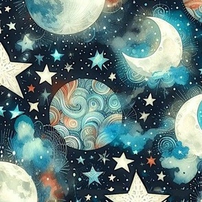 Space Print With Moons And Stars