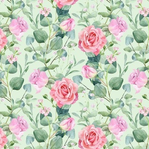 Blush pink watercolor roses and eucalyptus on green