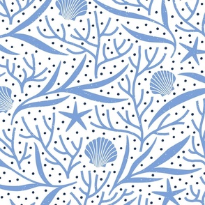 Underwater Sealife – Starfish, Seashells, Coral and Seaweed in Cornflower Blue, Navy Blue and White – Large Scale