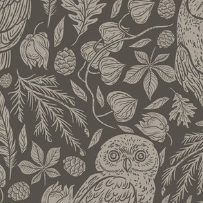 owls in leaves, monochromatic browns
