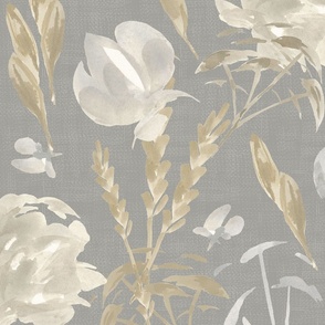 Wild flowers on Woven Texture in silver gray and beige - LARGE - boho floral