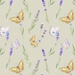 Watercolor Lavender and Butterflies on Green