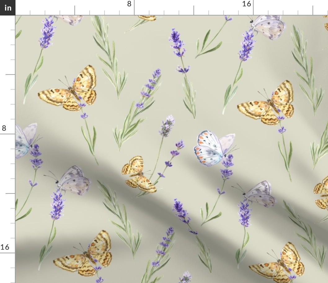 Watercolor Lavender and Butterflies on Green