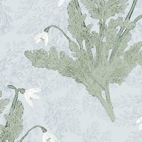 Snowdrops and Corydalis on Eggshell and Lacy Foliage Texture