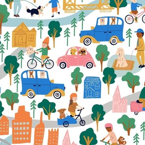 Large* - Happy Dogs in Sacramento - Vintage Side Cars and Bicycles - Cityscape - Yellow Bridge - Joyful Animals - Pink Blue Orange