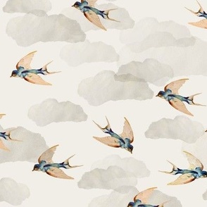 Large Nostalgic Peach Swallows on Cream / Bird / Clouds