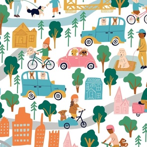 Large* - Happy Dogs in Sacramento - Vintage Side Cars and Bicycles - Cityscape - Yellow Bridge - Joyful Animals - Pink Orange Aqua