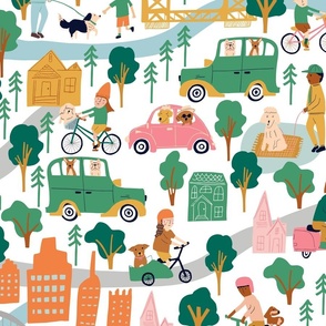 Large* - Happy Dogs in Sacramento - Vintage Side Cars and Bicycles - Cityscape - Yellow Bridge - Joyful Animals - Pink Orange Green