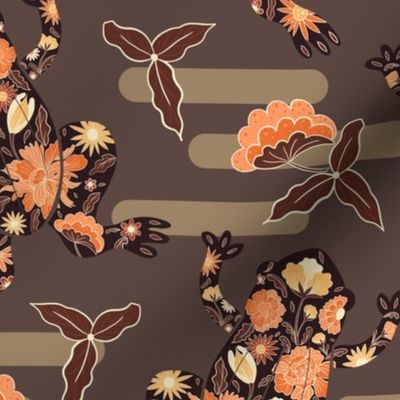 Frog and flowers - chocolate brown and orange