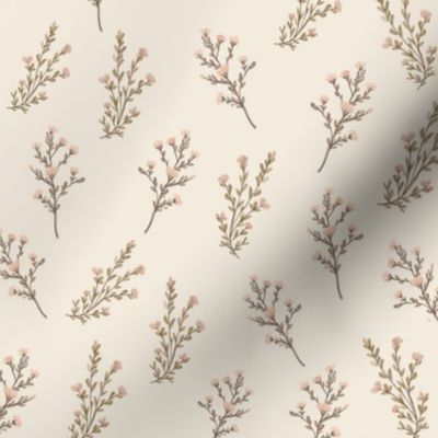 Bronte Sprigs with hand painted blossoms in coral and blush a delicate neutral blender in cream, brown and soft coral pinks